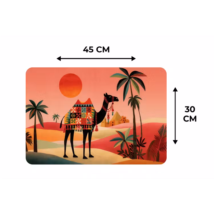 Kameel - Gekleurd tapijt - Duinen - Rode zon Placemat vinyl groot -specs
