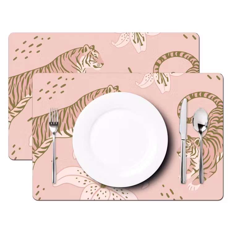 Kat - Springend - Bloemen - Abstract - Roze Placemat vinyl groot -zzsfeer2_Kitchenyeah-website