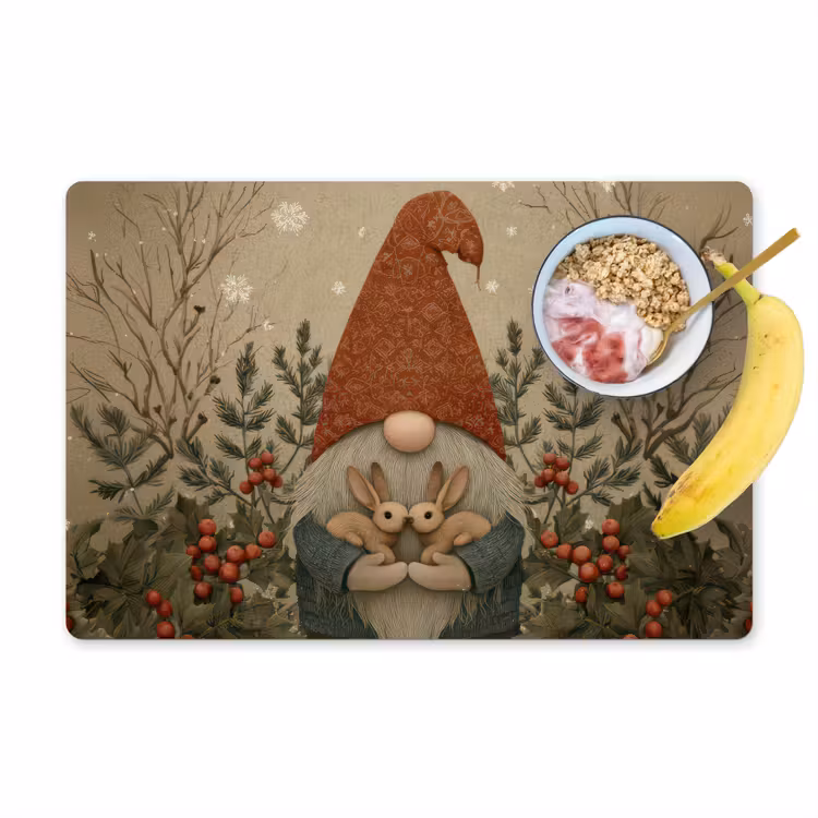 Kerstgnome - Konijntjes - Kleurrijk Placemat vinyl groot -zzzproduct_Kitchenyeah-website