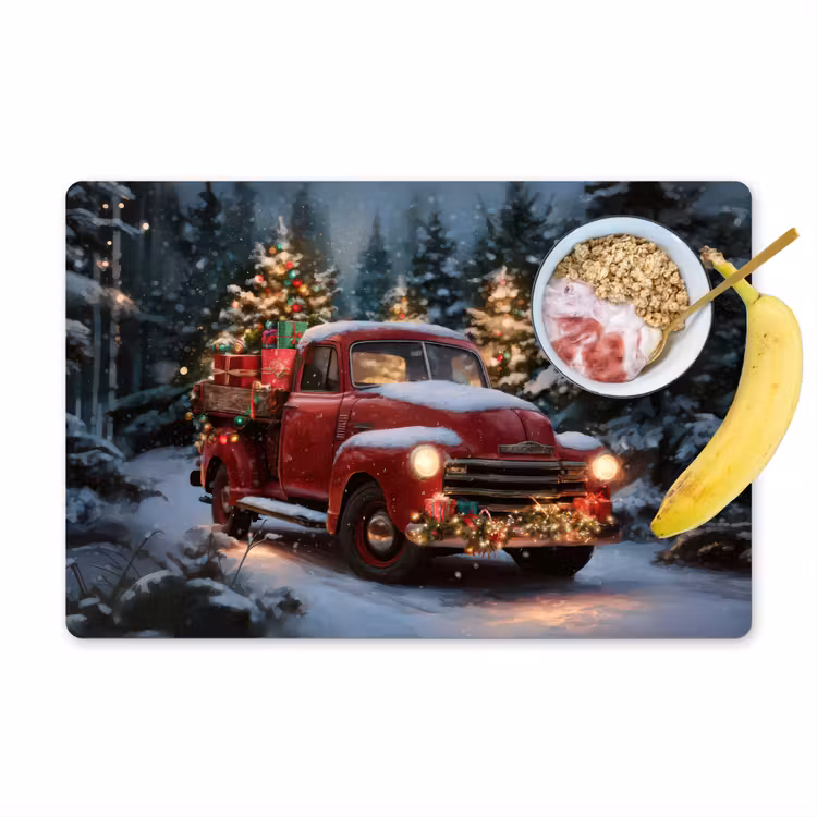 Kersttruck - Sneeuwbos - Rood Placemat vinyl groot -zzzproduct_Kitchenyeah-website