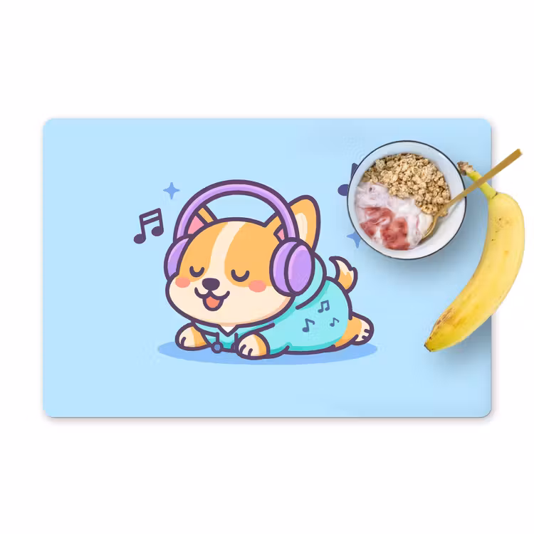 Corgi - Koptelefoon - Blauw - Muzieknoten Placemat vinyl groot -zzzproduct_Kitchenyeah-website