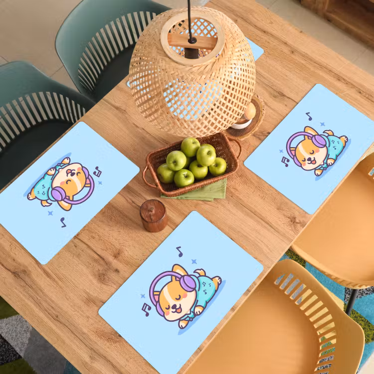 Corgi - Koptelefoon - Blauw - Muzieknoten Placemat vinyl groot -zzsfeer5_Kitchenyeah-website