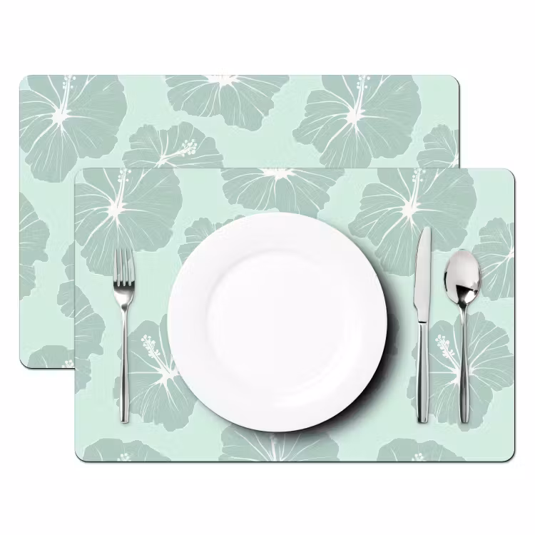 Bloemen - Hibiscus - Mint Placemat vinyl groot 368 -zzsfeer2_Kitchenyeah-website