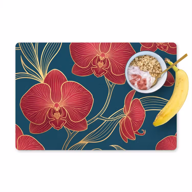 Placemat - 6 pieces - Flowers - Red - Gold - Bloemen - Rood - Goud Placemat vinyl groot