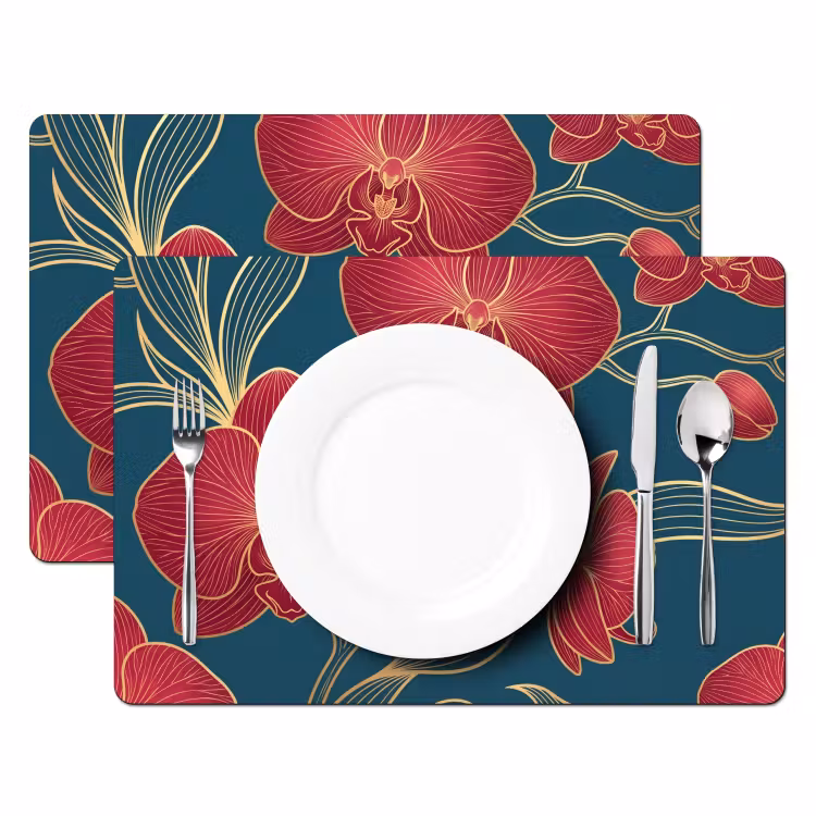 Placemat - 6 pieces - Flowers - Red - Gold - Bloemen - Rood - Goud Placemat vinyl groot