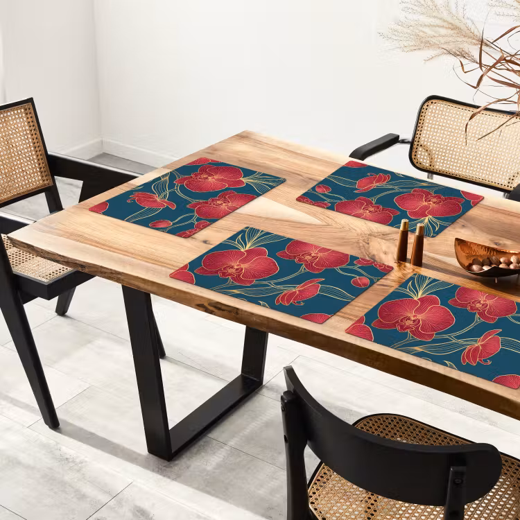 Placemat - 6 pieces - Flowers - Red - Gold - Bloemen - Rood - Goud Placemat vinyl groot