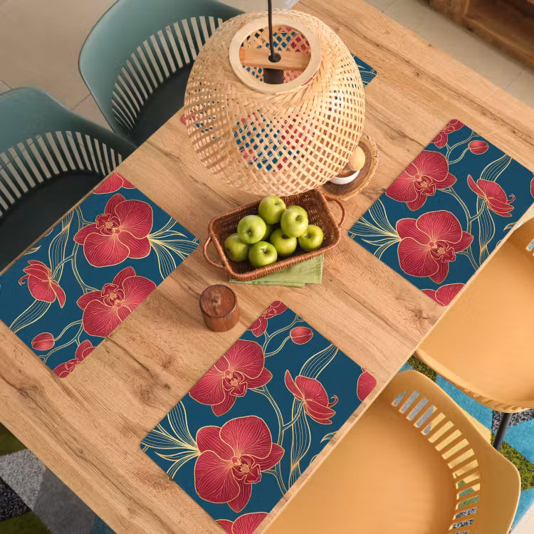 Placemat - 6 pieces - Flowers - Red - Gold - Bloemen - Rood - Goud Placemat vinyl groot