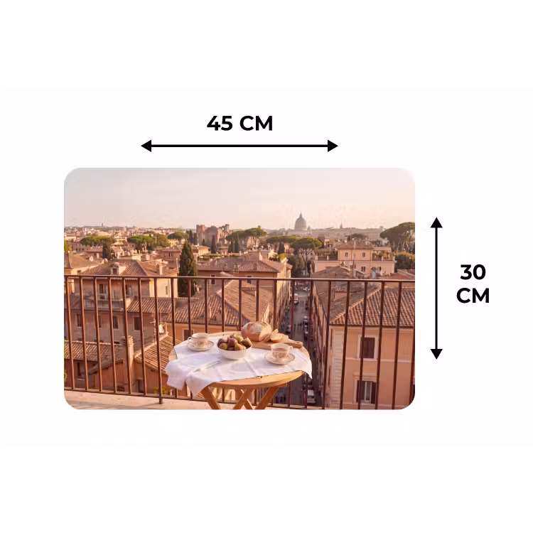 Eten - Ontbijt - Balkon - Stad - Zonsopgang Placemat vinyl groot -specs