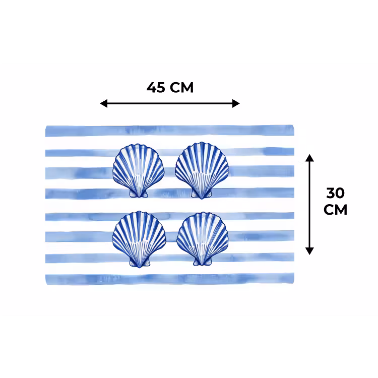 Vier schelpen - Blauw - Wit - Strepen Placemat vinyl groot -specs