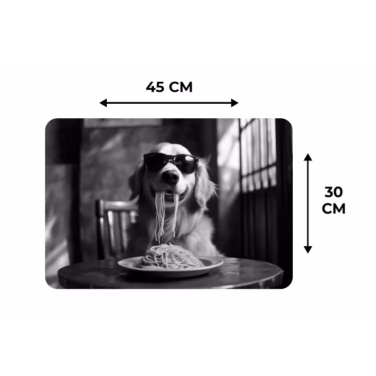 Golden Retriever - Hond - Vrolijk - Bord spaghetti - Zwart - wit Placemat vinyl groot -specs