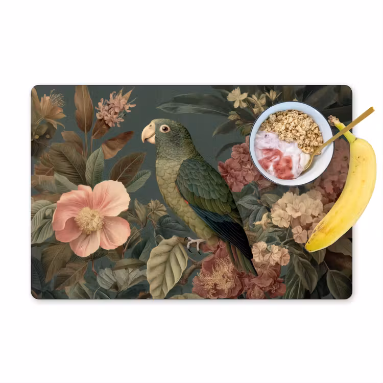 Groene papegaai - Kleurrijke bloemen - Donkere achtergrond Placemat vinyl groot -zzzproduct_Kitchenyeah-website