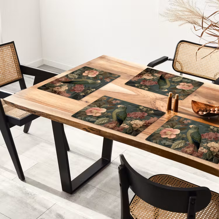 Groene papegaai - Kleurrijke bloemen - Donkere achtergrond Placemat vinyl groot -zzsfeer4_Kitchenyeah-website