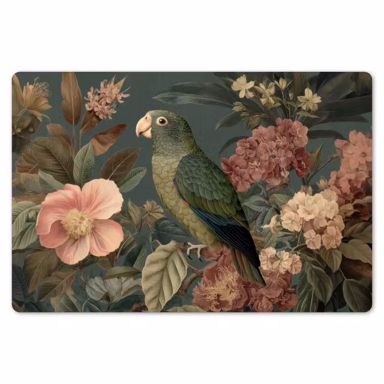 Groene papegaai - Kleurrijke bloemen - Donkere achtergrond Placemat vinyl groot -zzsfeer1_Kitchenyeah-website