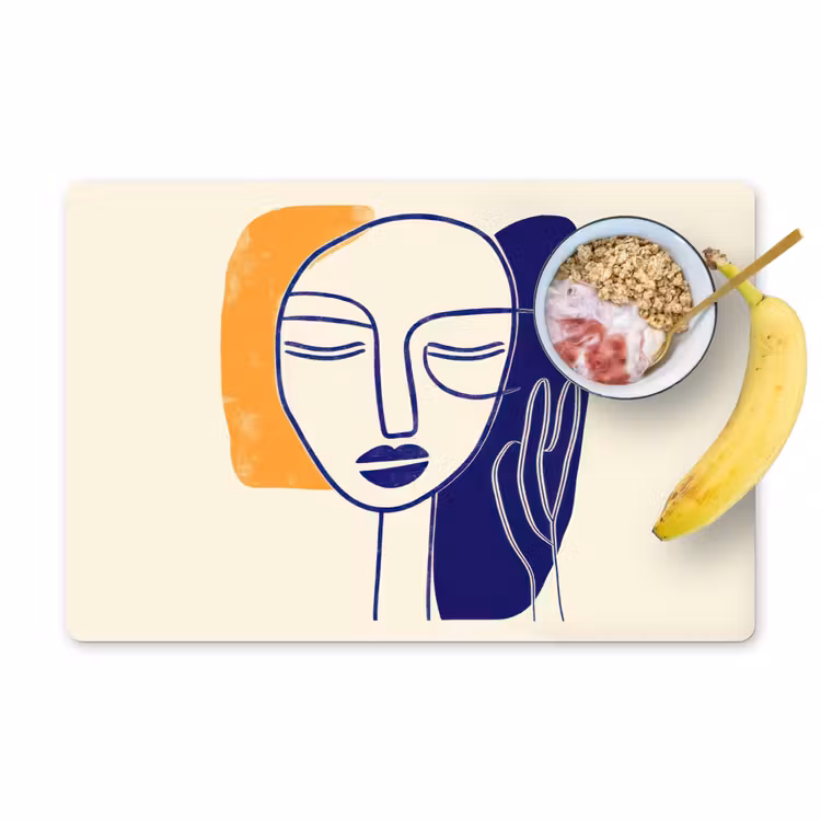 Minimalistisch - Gezicht - Hand - Oranje - Blauw Placemat vinyl groot -zzzproduct_Kitchenyeah-website