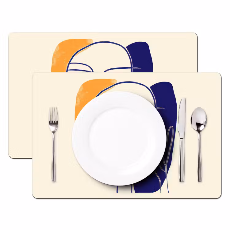 Minimalistisch - Gezicht - Hand - Oranje - Blauw Placemat vinyl groot -zzsfeer2_Kitchenyeah-website