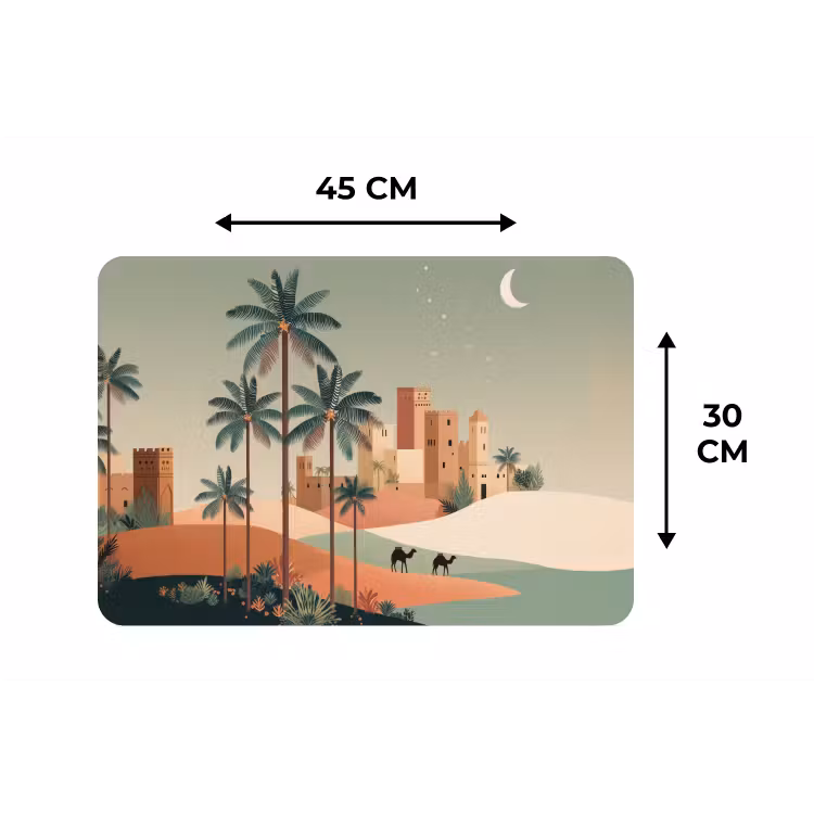 Nachtlandschap - Kamelen - Sterren - zandduinden Placemat vinyl groot -specs