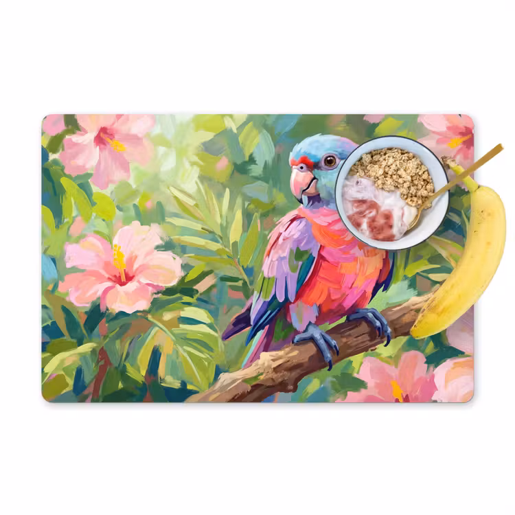 Papagaai - Hibiscusbloemen - Kleurrijk Placemat vinyl groot -zzzproduct_Kitchenyeah-website