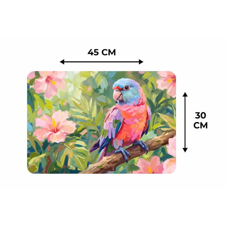 Papagaai - Hibiscusbloemen - Kleurrijk Placemat vinyl groot -specs