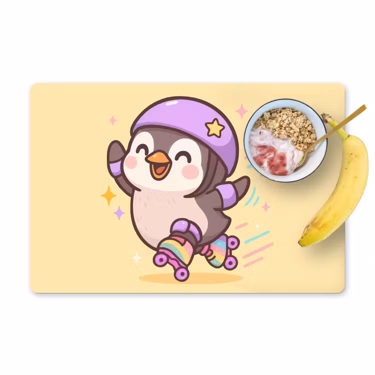 Pinguïn - Rolschaatsen - Geel - Energiek Placemat vinyl groot -zzzproduct_Kitchenyeah-website