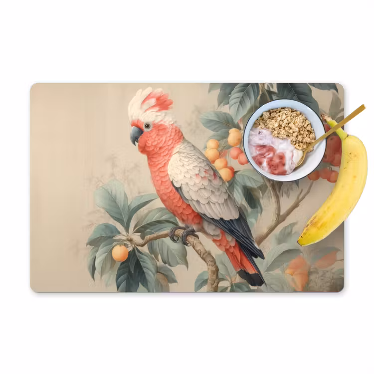 Roze kuifkaketoe - Tak met vruchten - Bladeren Placemat vinyl groot -zzzproduct_Kitchenyeah-website