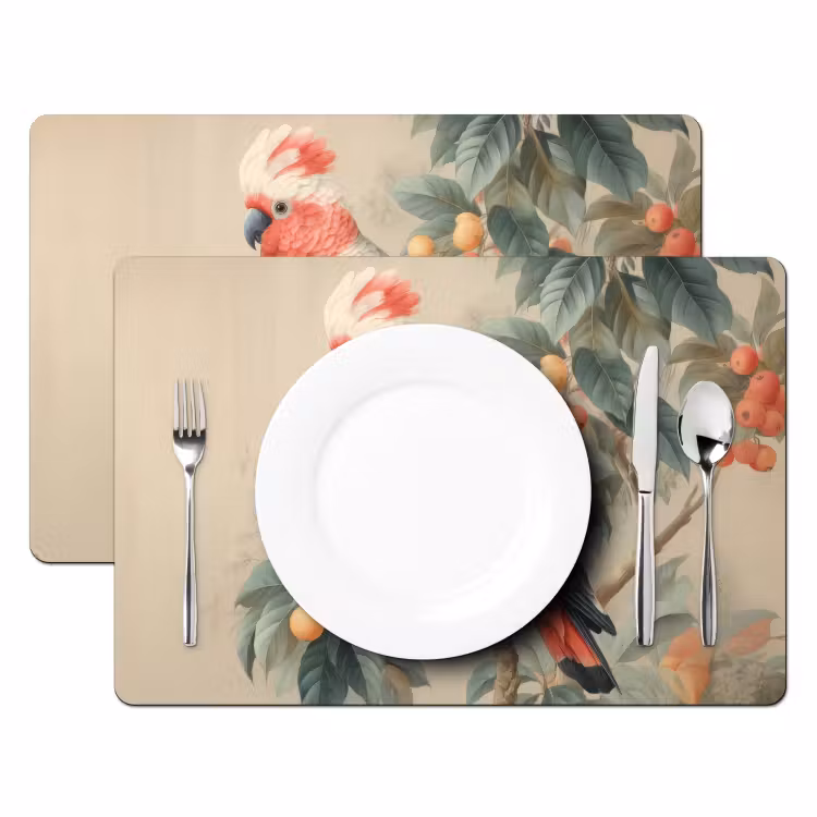 Roze kuifkaketoe - Tak met vruchten - Bladeren Placemat vinyl groot -zzsfeer2_Kitchenyeah-website