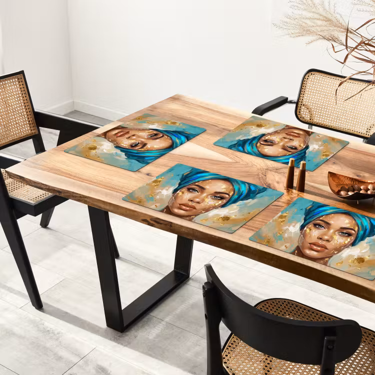 Portret - Vrouw - Schilderij - Blauw - Goud - Expressief Placemat vinyl groot -zzsfeer4_Kitchenyeah-website