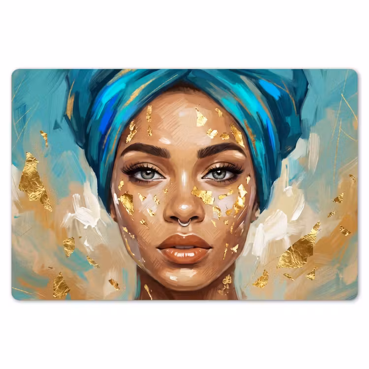 Portret - Vrouw - Schilderij - Blauw - Goud - Expressief Placemat vinyl groot -zzsfeer1_Kitchenyeah-website