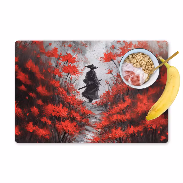 Rode bloemen - mistig - Man Placemat vinyl groot -zzzproduct_Kitchenyeah-website