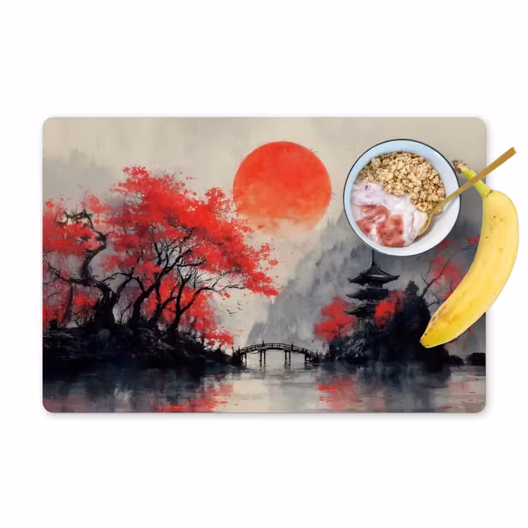Rode zon - Rivier - brug - Bomen Placemat vinyl groot -zzzproduct_Kitchenyeah-website