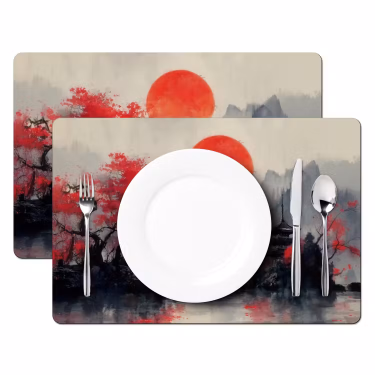 Rode zon - Rivier - brug - Bomen Placemat vinyl groot -zzsfeer2_Kitchenyeah-website
