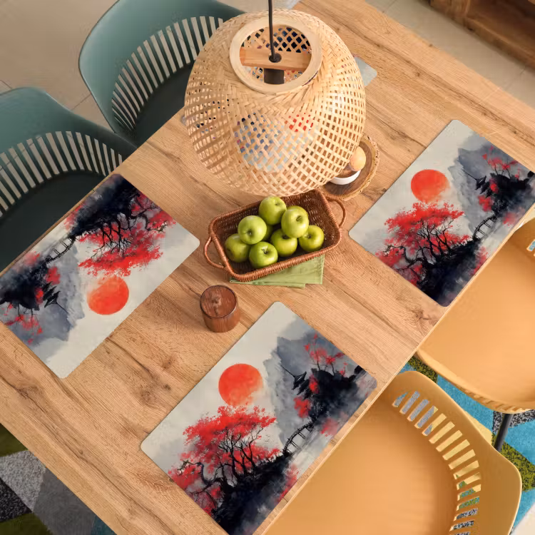 Rode zon - Rivier - brug - Bomen Placemat vinyl groot -zzsfeer5_Kitchenyeah-website