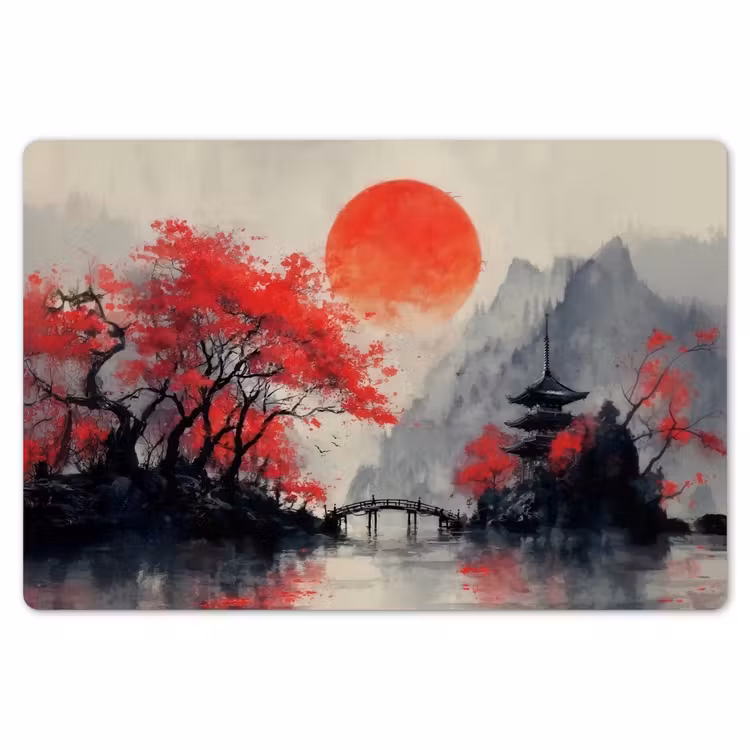Rode zon - Rivier - brug - Bomen Placemat vinyl groot -zzsfeer1_Kitchenyeah-website