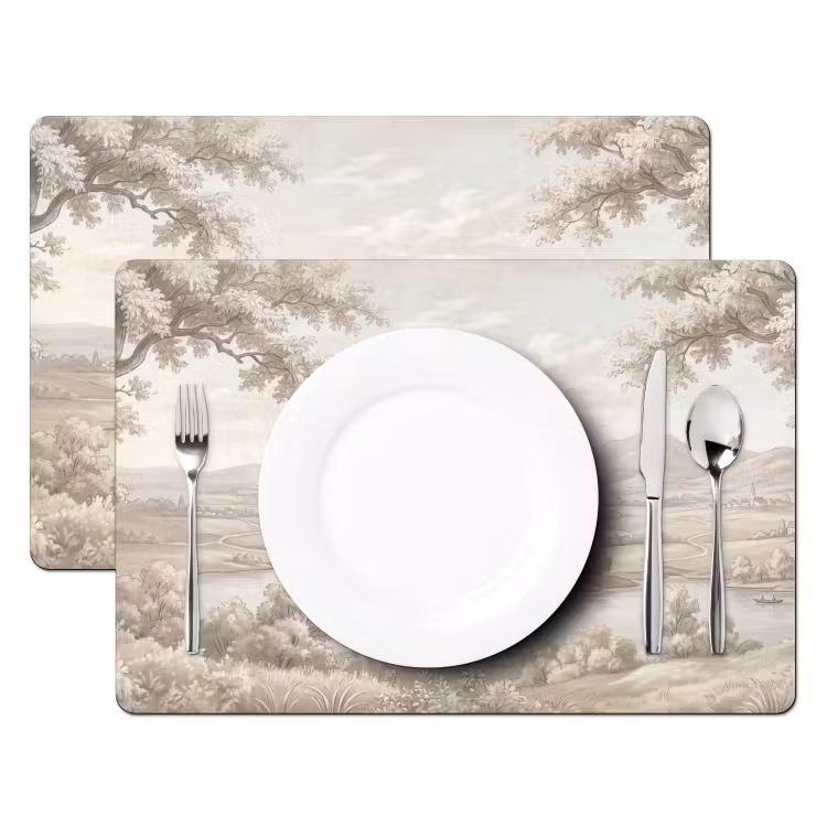 Rivierlandschap - Bergen - Natuur - Vintage - Beige Placemat vinyl groot -zzsfeer2_Kitchenyeah-website