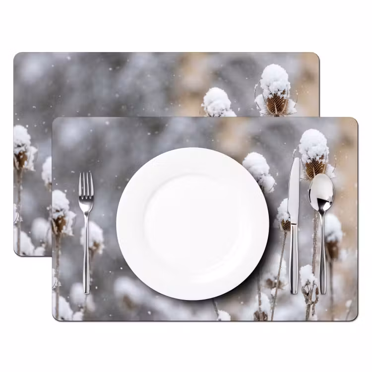 Roodborstje - Gedroogde bloem - Sneeuw - Winter - Vertederend Placemat vinyl groot -zzsfeer2_Kitchenyeah-website