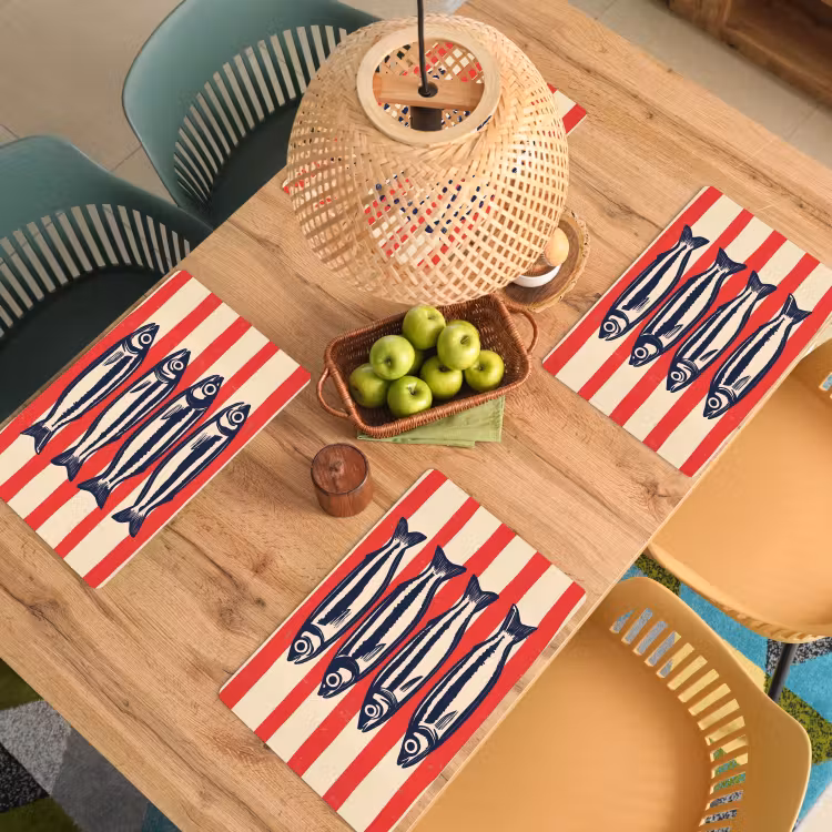 Sardines - Rood en beige strepen Placemat vinyl groot -zzsfeer5_Kitchenyeah-website