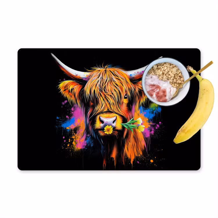 Schotse Hooglander - Graffiti - Kleurrijk - Bloem - Dieren Placemat vinyl groot -zzzproduct_Kitchenyeah-website
