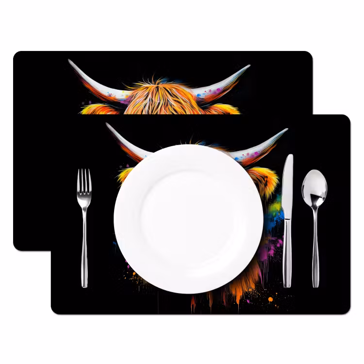 Schotse Hooglander - Graffiti - Kleurrijk - Bloem - Dieren Placemat vinyl groot -zzsfeer2_Kitchenyeah-website