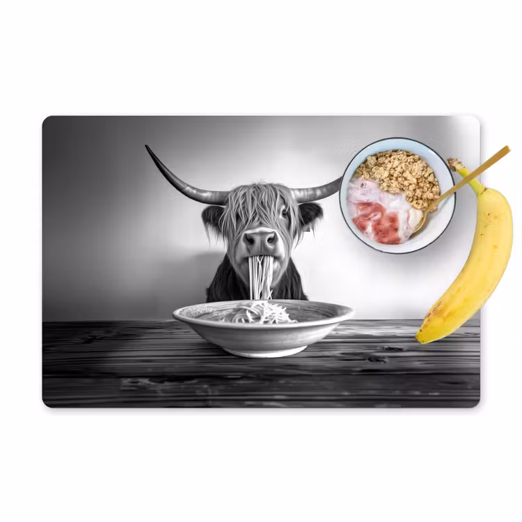 Schotse Hooglander - Spaghetti - Dieren - Zwart wit Placemat vinyl groot -zzzproduct_Kitchenyeah-website