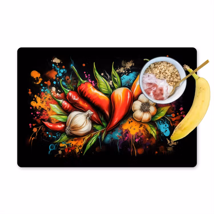 Groente - Peper - Knoflook - Graffiti - Verf - Kleurrijk Placemat vinyl groot -zzzproduct_Kitchenyeah-website