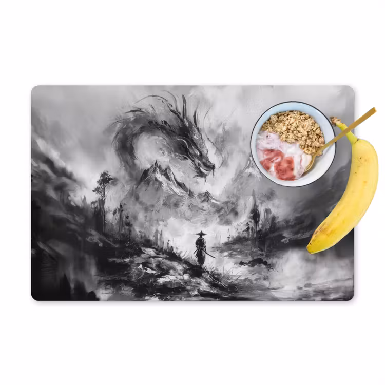 Krijger - Draak - Grijs Placemat vinyl groot -zzzproduct_Kitchenyeah-website