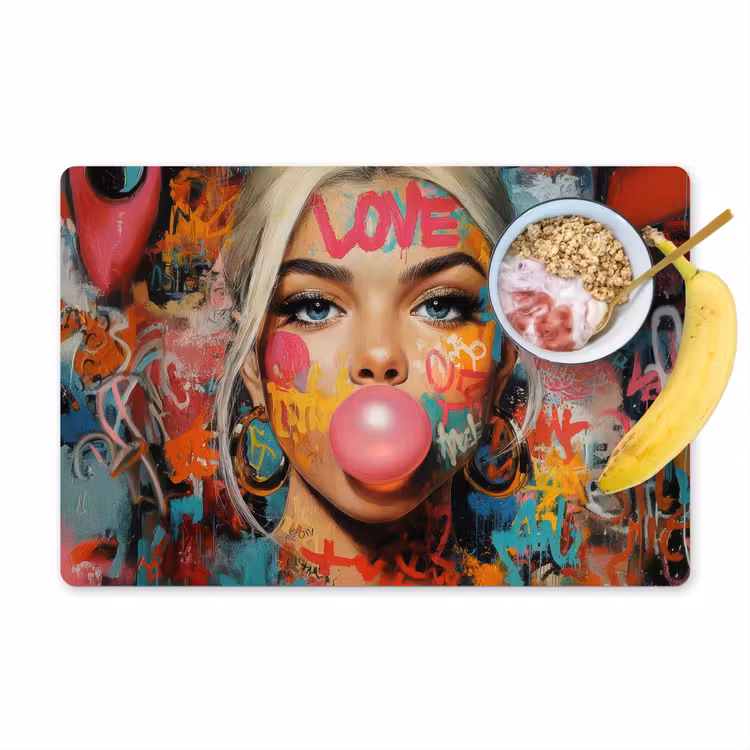 Vrouw - Kauwgom - Graffiti - Love Placemat vinyl groot -zzzproduct_Kitchenyeah-website