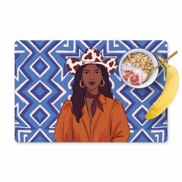 Vrouw - Cowboyhoed - Portret - Modern - Blauw Placemat vinyl groot -zzzproduct_Kitchenyeah-website