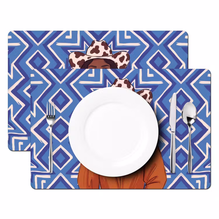 Vrouw - Cowboyhoed - Portret - Modern - Blauw Placemat vinyl groot -zzsfeer2_Kitchenyeah-website