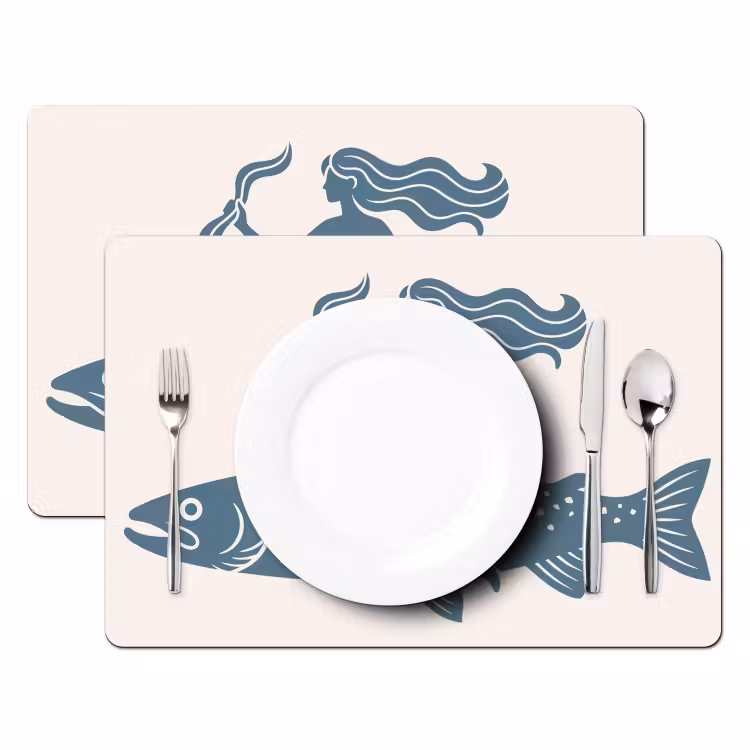 Vrouw - Vis - Fantasie - Abstract - Blauw Placemat vinyl groot -zzsfeer2_Kitchenyeah-website