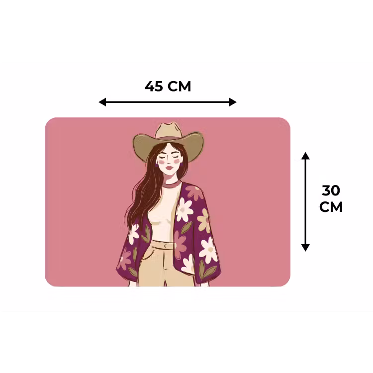 Vrouw - Hoed - Portret - Illustratie - Roze Placemat vinyl groot -specs