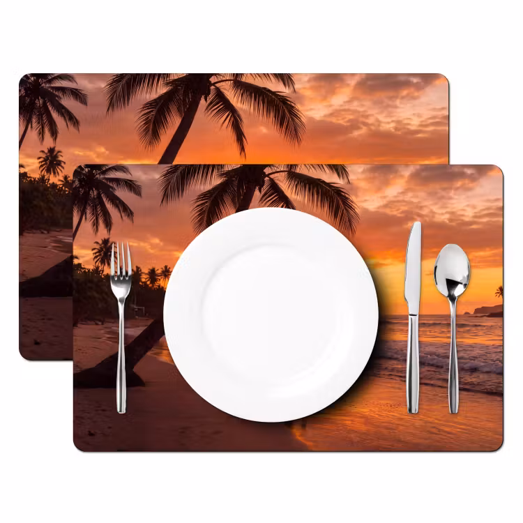 Vrouw - Surfplank - Strand - Zonsondergang - Oranje Placemat vinyl groot -zzsfeer2_Kitchenyeah-website