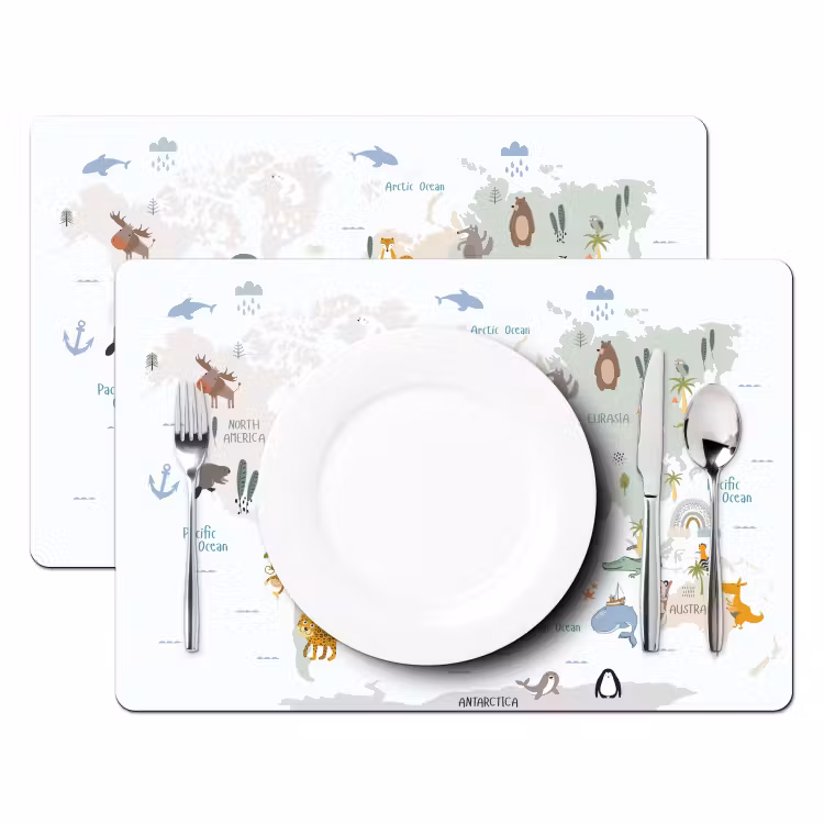 Wereldkaart - Dieren - Kinderen - Pastel Placemat vinyl groot -zzsfeer2_Kitchenyeah-website