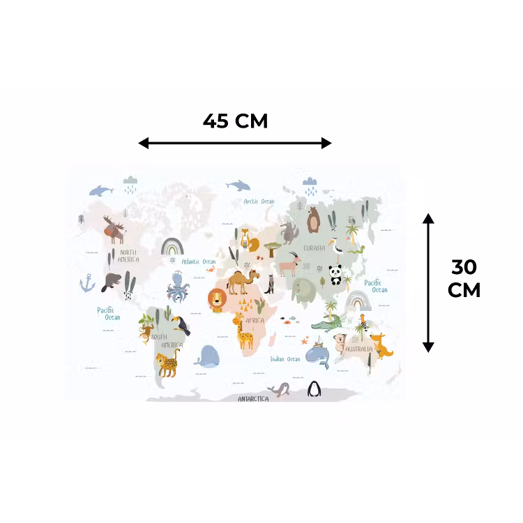 Wereldkaart - Dieren - Kinderen - Pastel Placemat vinyl groot -specs