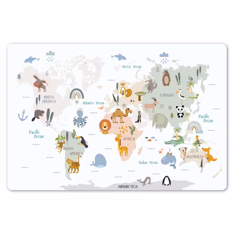Wereldkaart - Dieren - Kinderen - Pastel Placemat vinyl groot -zzsfeer1_Kitchenyeah-website
