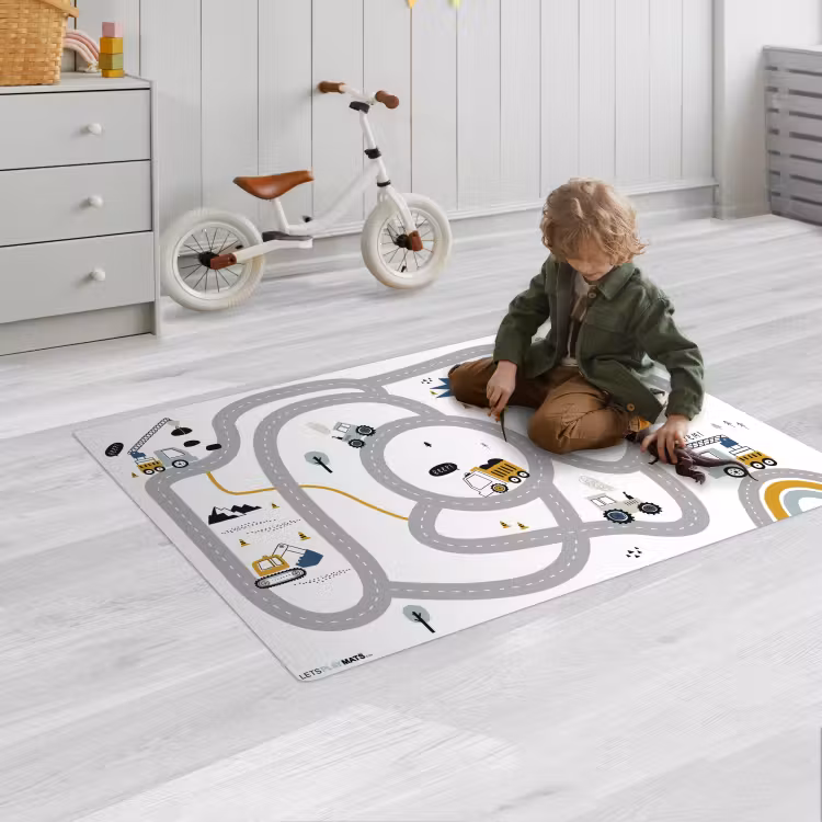 Bouwplaats - Graafmachine - Auto - Regenboog - Design Speelmat klein -sfeer2
